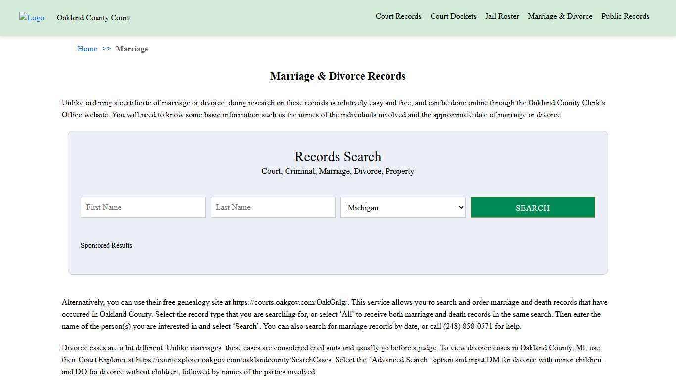 Marriage & Divorce Records | Oakland County Court